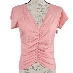NSR Ladies Size Large Pink Ruched Front Short Sleeve Cropped Top